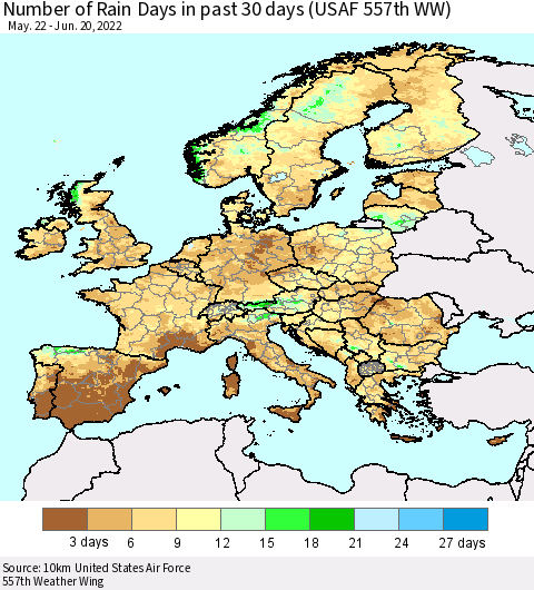 Europe Number of Rain Days in past 30 days (USAF 557th WW) 06/20/2022 Thematic Map For 6/16/2022 - 6/20/2022