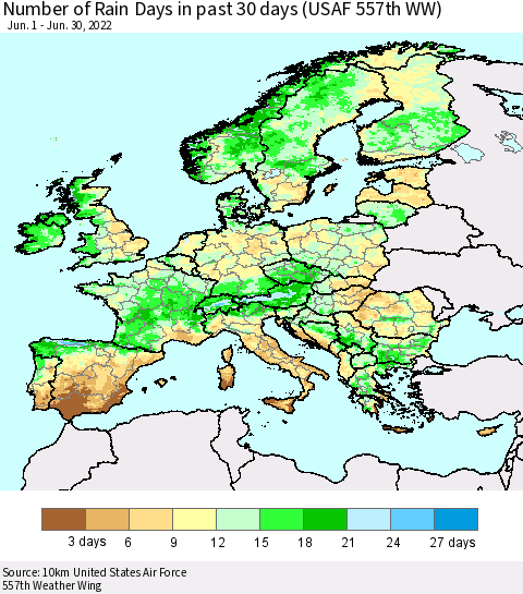 Europe Number of Rain Days in past 30 days (USAF 557th WW) 06/30/2022 Thematic Map For 6/26/2022 - 6/30/2022