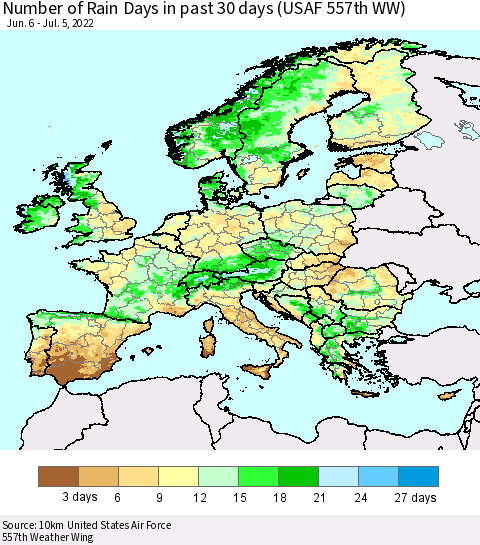 Europe Number of Rain Days in past 30 days (USAF 557th WW) 07/05/2022 Thematic Map For 7/1/2022 - 7/5/2022