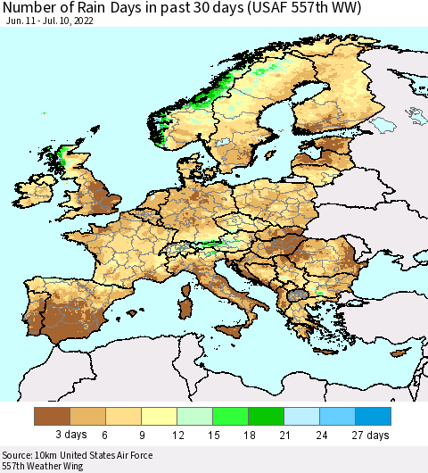 Europe Number of Rain Days in past 30 days (USAF 557th WW) 07/10/2022 Thematic Map For 7/6/2022 - 7/10/2022