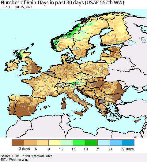 Europe Number of Rain Days in past 30 days (USAF 557th WW) 07/15/2022 Thematic Map For 7/11/2022 - 7/15/2022