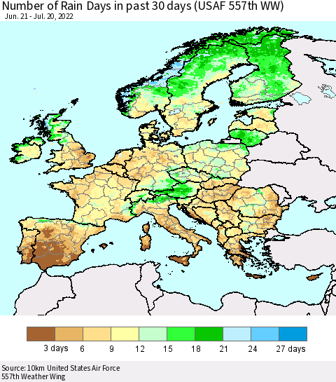 Europe Number of Rain Days in past 30 days (USAF 557th WW) 07/20/2022 Thematic Map For 7/16/2022 - 7/20/2022