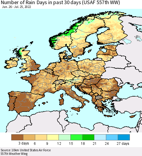 Europe Number of Rain Days in past 30 days (USAF 557th WW) 07/25/2022 Thematic Map For 7/21/2022 - 7/25/2022