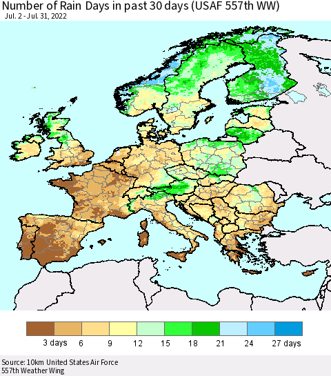 Europe Number of Rain Days in past 30 days (USAF 557th WW) 07/31/2022 Thematic Map For 7/26/2022 - 7/31/2022