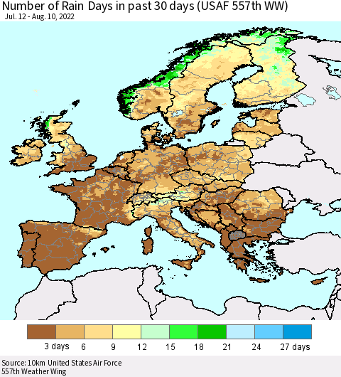 Europe Number of Rain Days in past 30 days (USAF 557th WW) 08/10/2022 Thematic Map For 8/6/2022 - 8/10/2022