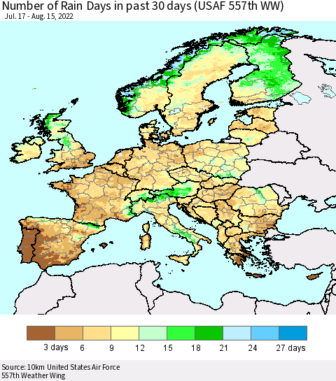 Europe Number of Rain Days in past 30 days (USAF 557th WW) 08/15/2022 Thematic Map For 8/11/2022 - 8/15/2022