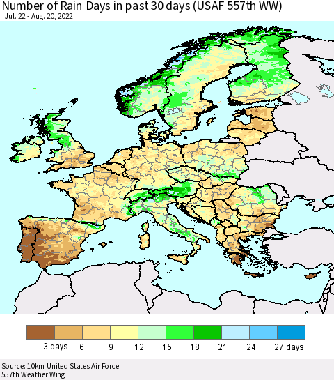 Europe Number of Rain Days in past 30 days (USAF 557th WW) 08/20/2022 Thematic Map For 8/16/2022 - 8/20/2022