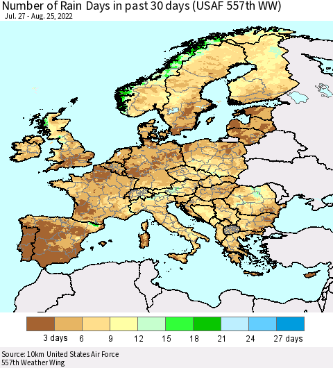 Europe Number of Rain Days in past 30 days (USAF 557th WW) 08/25/2022 Thematic Map For 8/21/2022 - 8/25/2022