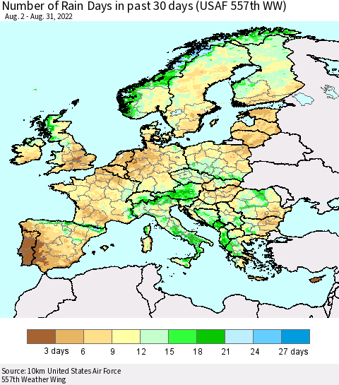 Europe Number of Rain Days in past 30 days (USAF 557th WW) 08/31/2022 Thematic Map For 8/26/2022 - 8/31/2022