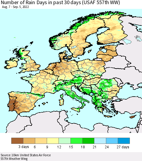 Europe Number of Rain Days in past 30 days (USAF 557th WW) 09/05/2022 Thematic Map For 9/1/2022 - 9/5/2022