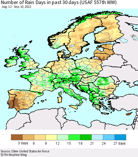 Europe Number of Rain Days in past 30 days (USAF 557th WW) 09/10/2022 Thematic Map For 9/6/2022 - 9/10/2022