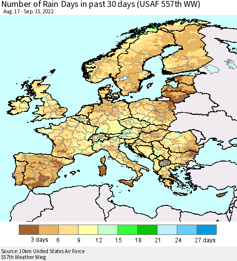 Europe Number of Rain Days in past 30 days (USAF 557th WW) 09/15/2022 Thematic Map For 9/11/2022 - 9/15/2022