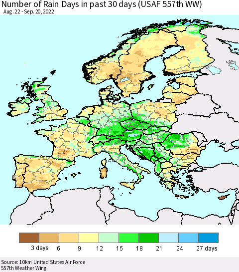 Europe Number of Rain Days in past 30 days (USAF 557th WW) 09/20/2022 Thematic Map For 9/16/2022 - 9/20/2022
