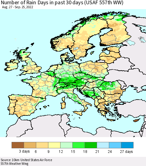 Europe Number of Rain Days in past 30 days (USAF 557th WW) 09/25/2022 Thematic Map For 9/21/2022 - 9/25/2022