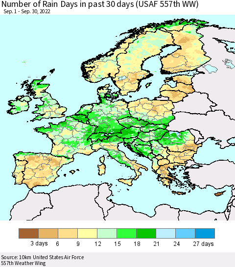 Europe Number of Rain Days in past 30 days (USAF 557th WW) 09/30/2022 Thematic Map For 9/26/2022 - 9/30/2022