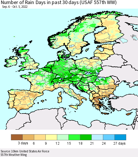 Europe Number of Rain Days in past 30 days (USAF 557th WW) 10/05/2022 Thematic Map For 10/1/2022 - 10/5/2022