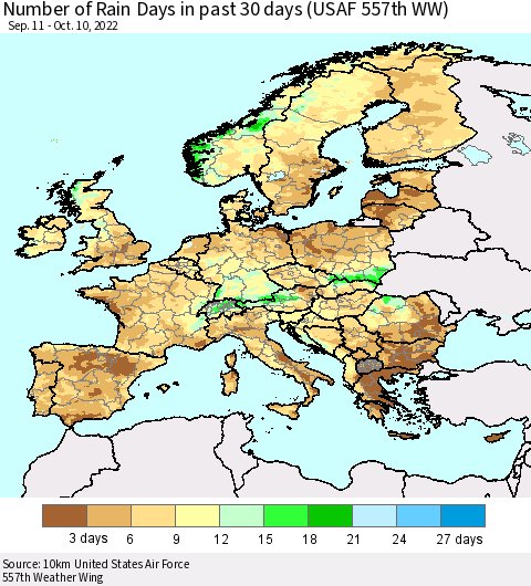Europe Number of Rain Days in past 30 days (USAF 557th WW) 10/10/2022 Thematic Map For 10/6/2022 - 10/10/2022