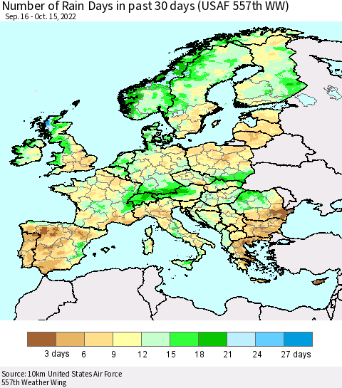 Europe Number of Rain Days in past 30 days (USAF 557th WW) 10/15/2022 Thematic Map For 10/11/2022 - 10/15/2022