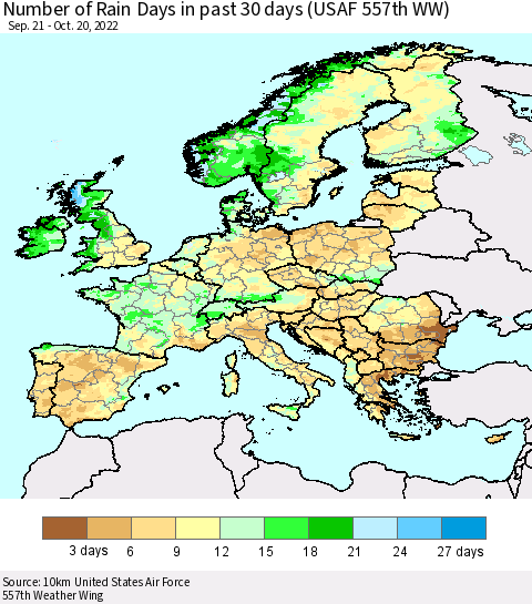Europe Number of Rain Days in past 30 days (USAF 557th WW) 10/20/2022 Thematic Map For 10/16/2022 - 10/20/2022