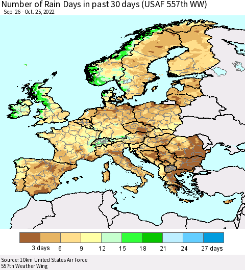 Europe Number of Rain Days in past 30 days (USAF 557th WW) 10/25/2022 Thematic Map For 10/21/2022 - 10/25/2022