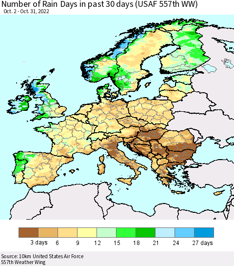 Europe Number of Rain Days in past 30 days (USAF 557th WW) 10/31/2022 Thematic Map For 10/26/2022 - 10/31/2022