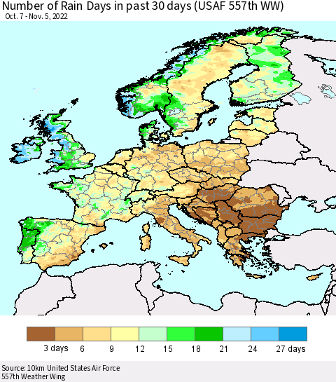 Europe Number of Rain Days in past 30 days (USAF 557th WW) 11/05/2022 Thematic Map For 11/1/2022 - 11/5/2022