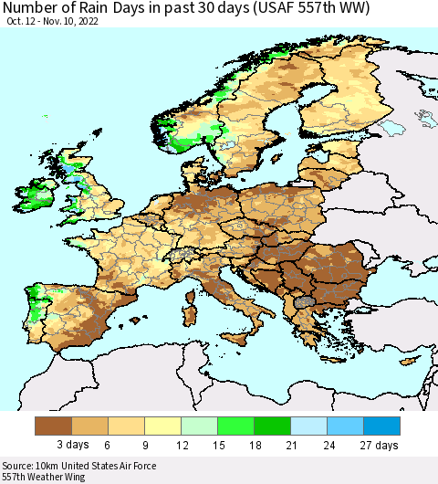 Europe Number of Rain Days in past 30 days (USAF 557th WW) 11/10/2022 Thematic Map For 11/6/2022 - 11/10/2022