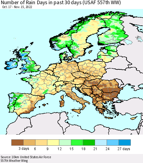 Europe Number of Rain Days in past 30 days (USAF 557th WW) 11/15/2022 Thematic Map For 11/11/2022 - 11/15/2022