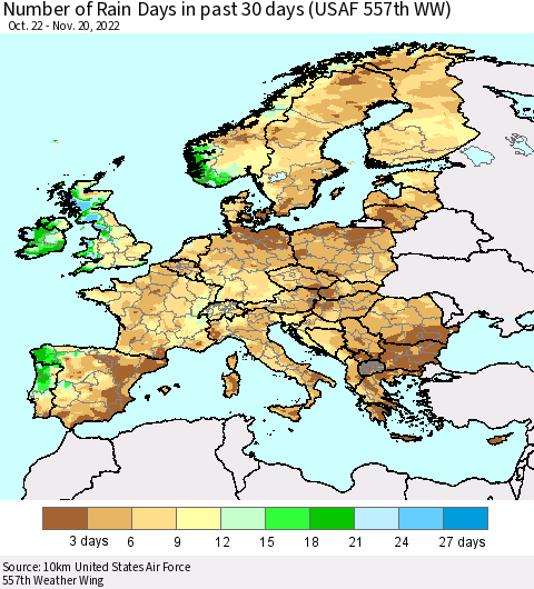 Europe Number of Rain Days in past 30 days (USAF 557th WW) 11/20/2022 Thematic Map For 11/16/2022 - 11/20/2022