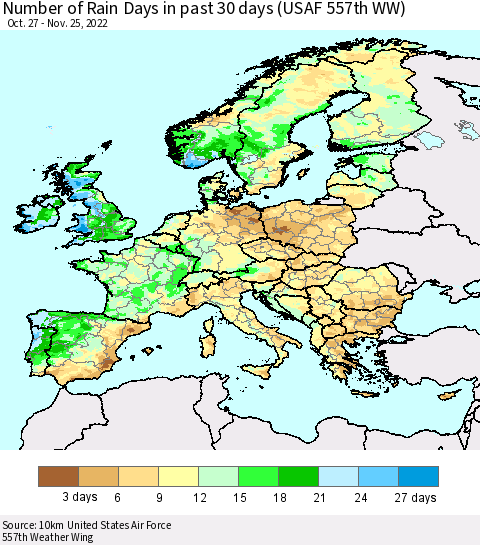 Europe Number of Rain Days in past 30 days (USAF 557th WW) 11/25/2022 Thematic Map For 11/21/2022 - 11/25/2022