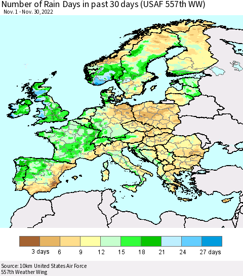 Europe Number of Rain Days in past 30 days (USAF 557th WW) 11/30/2022 Thematic Map For 11/26/2022 - 11/30/2022