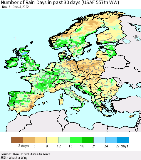 Europe Number of Rain Days in past 30 days (USAF 557th WW) 12/05/2022 Thematic Map For 12/1/2022 - 12/5/2022