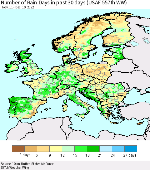 Europe Number of Rain Days in past 30 days (USAF 557th WW) 12/10/2022 Thematic Map For 12/6/2022 - 12/10/2022