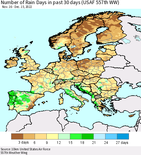 Europe Number of Rain Days in past 30 days (USAF 557th WW) 12/15/2022 Thematic Map For 12/11/2022 - 12/15/2022