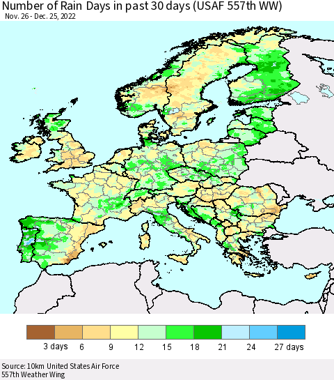 Europe Number of Rain Days in past 30 days (USAF 557th WW) 12/25/2022 Thematic Map For 12/21/2022 - 12/25/2022