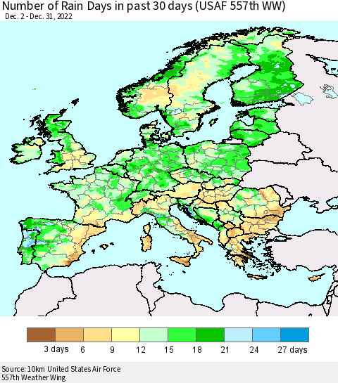 Europe Number of Rain Days in past 30 days (USAF 557th WW) 12/31/2022 Thematic Map For 12/26/2022 - 12/31/2022