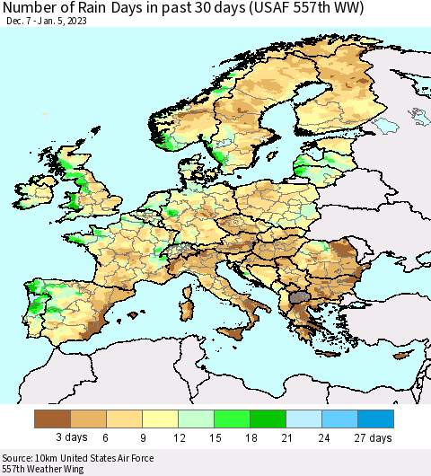 Europe Number of Rain Days in past 30 days (USAF 557th WW) 01/05/2023 Thematic Map For 1/1/2023 - 1/5/2023