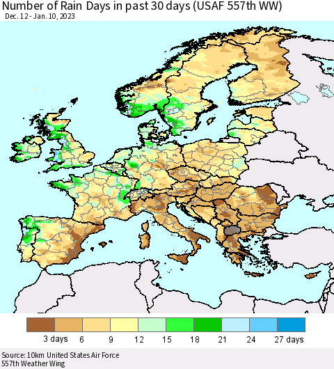 Europe Number of Rain Days in past 30 days (USAF 557th WW) 01/10/2023 Thematic Map For 1/6/2023 - 1/10/2023