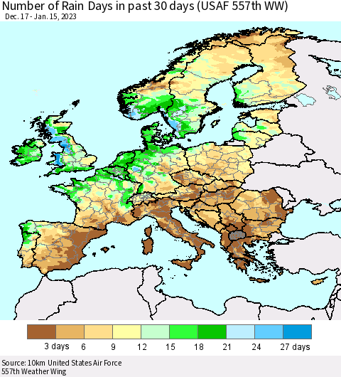 Europe Number of Rain Days in past 30 days (USAF 557th WW) 01/15/2023 Thematic Map For 1/11/2023 - 1/15/2023