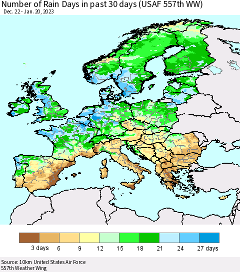 Europe Number of Rain Days in past 30 days (USAF 557th WW) 01/20/2023 Thematic Map For 1/16/2023 - 1/20/2023