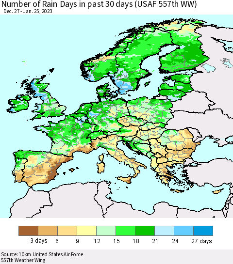 Europe Number of Rain Days in past 30 days (USAF 557th WW) 01/25/2023 Thematic Map For 1/21/2023 - 1/25/2023