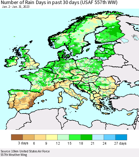 Europe Number of Rain Days in past 30 days (USAF 557th WW) 01/31/2023 Thematic Map For 1/26/2023 - 1/31/2023