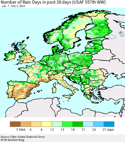 Europe Number of Rain Days in past 30 days (USAF 557th WW) 02/05/2023 Thematic Map For 2/1/2023 - 2/5/2023