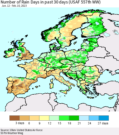 Europe Number of Rain Days in past 30 days (USAF 557th WW) 02/10/2023 Thematic Map For 2/6/2023 - 2/10/2023