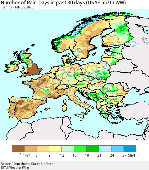 Europe Number of Rain Days in past 30 days (USAF 557th WW) 02/15/2023 Thematic Map For 2/11/2023 - 2/15/2023