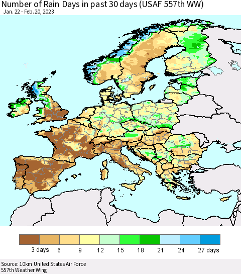 Europe Number of Rain Days in past 30 days (USAF 557th WW) 02/20/2023 Thematic Map For 2/16/2023 - 2/20/2023