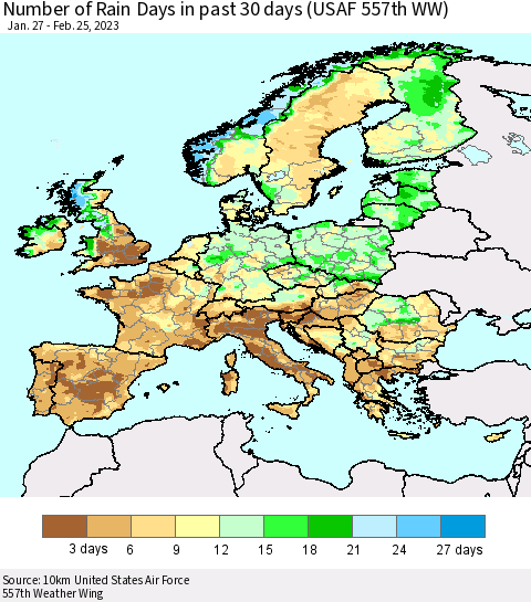 Europe Number of Rain Days in past 30 days (USAF 557th WW) 02/25/2023 Thematic Map For 2/21/2023 - 2/25/2023
