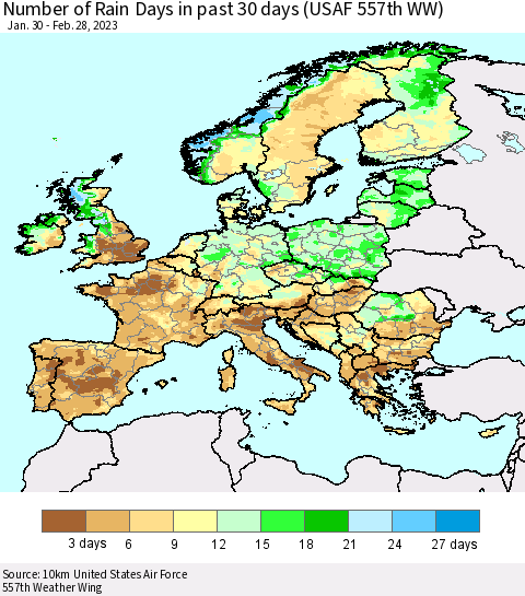 Europe Number of Rain Days in past 30 days (USAF 557th WW) 02/28/2023 Thematic Map For 2/26/2023 - 2/28/2023