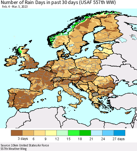 Europe Number of Rain Days in past 30 days (USAF 557th WW) 03/05/2023 Thematic Map For 3/1/2023 - 3/5/2023