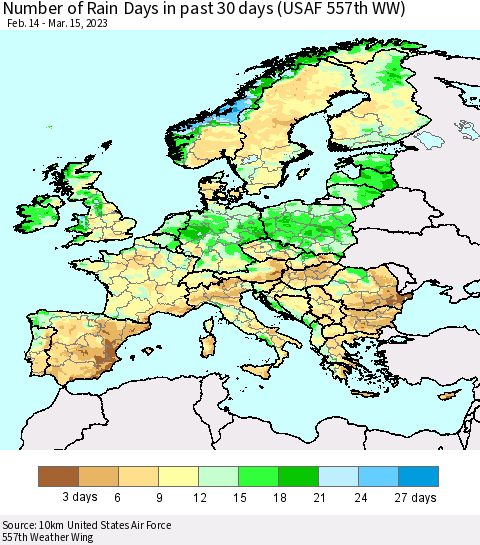 Europe Number of Rain Days in past 30 days (USAF 557th WW) 03/15/2023 Thematic Map For 3/11/2023 - 3/15/2023